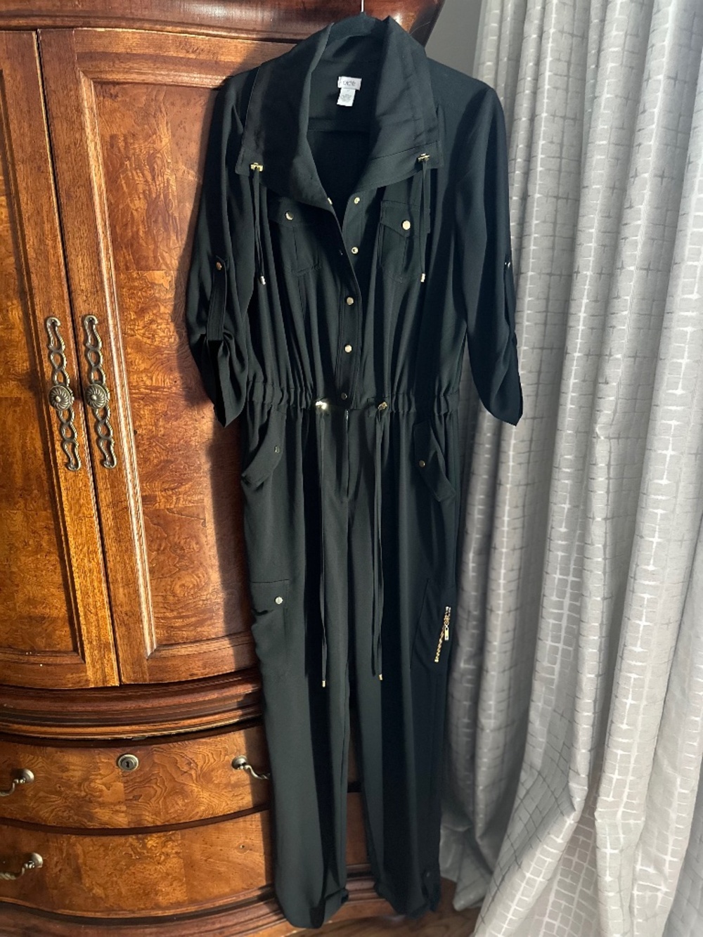 Vintage Y2K Caché Black Slinky Knit Cargo Utility Jumpsuit -Size 14